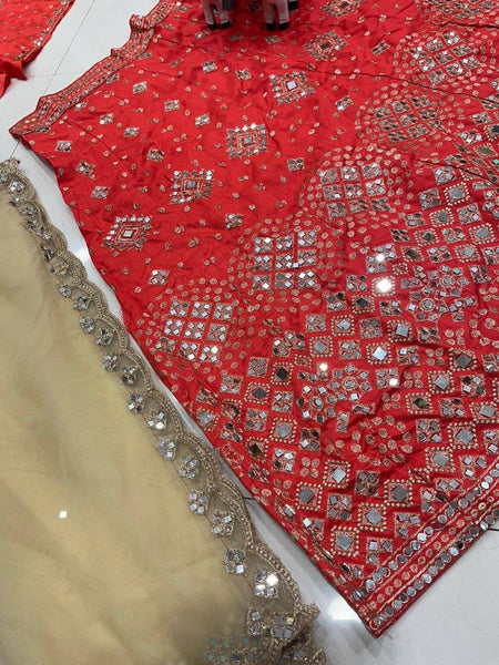 Red color Real Mirror Satin Silk Embroidery work 12 Kali Lehenga