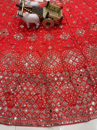 Red color Real Mirror Satin Silk Embroidery work 12 Kali Lehenga