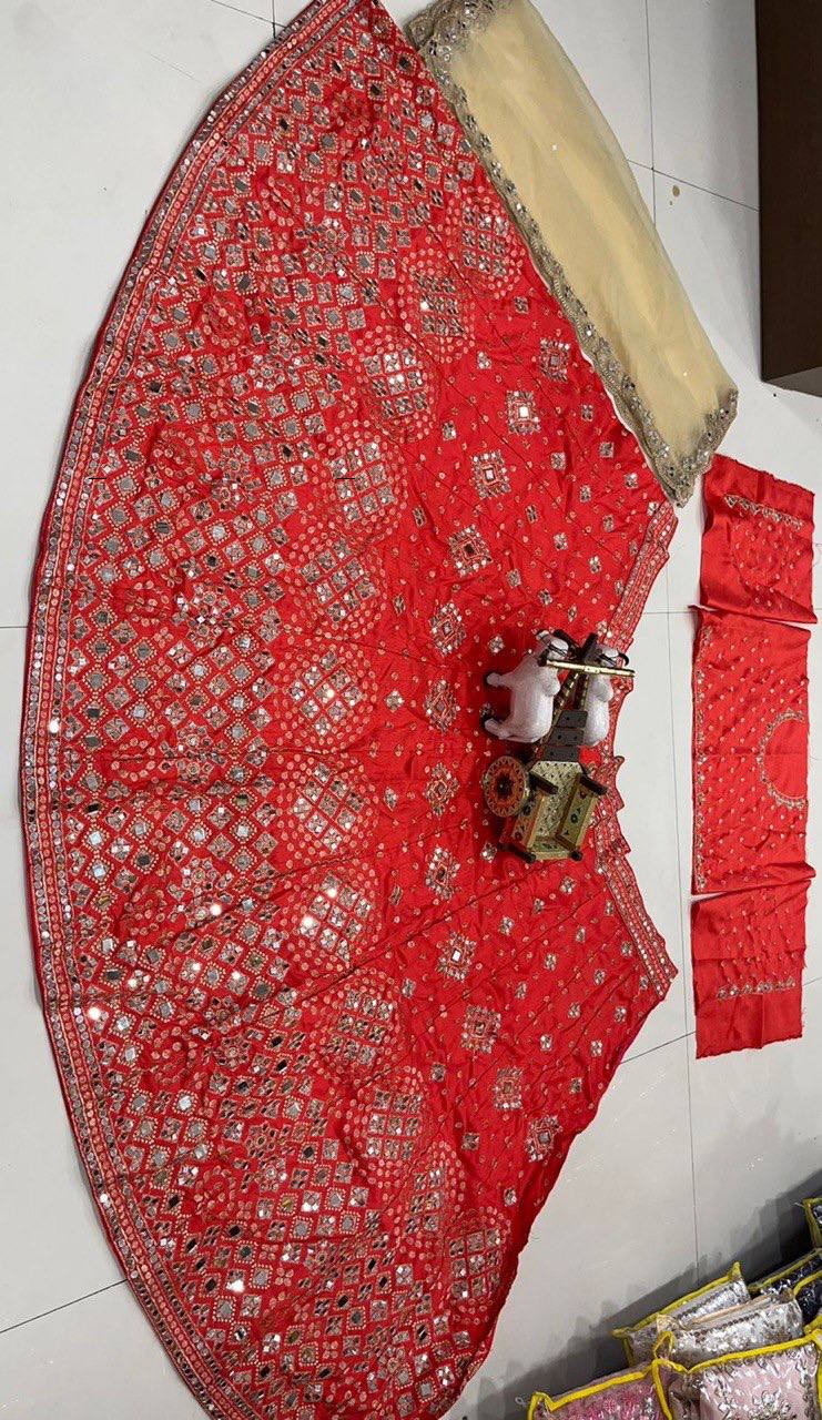 Red color Real Mirror Satin Silk Embroidery work 12 Kali Lehenga