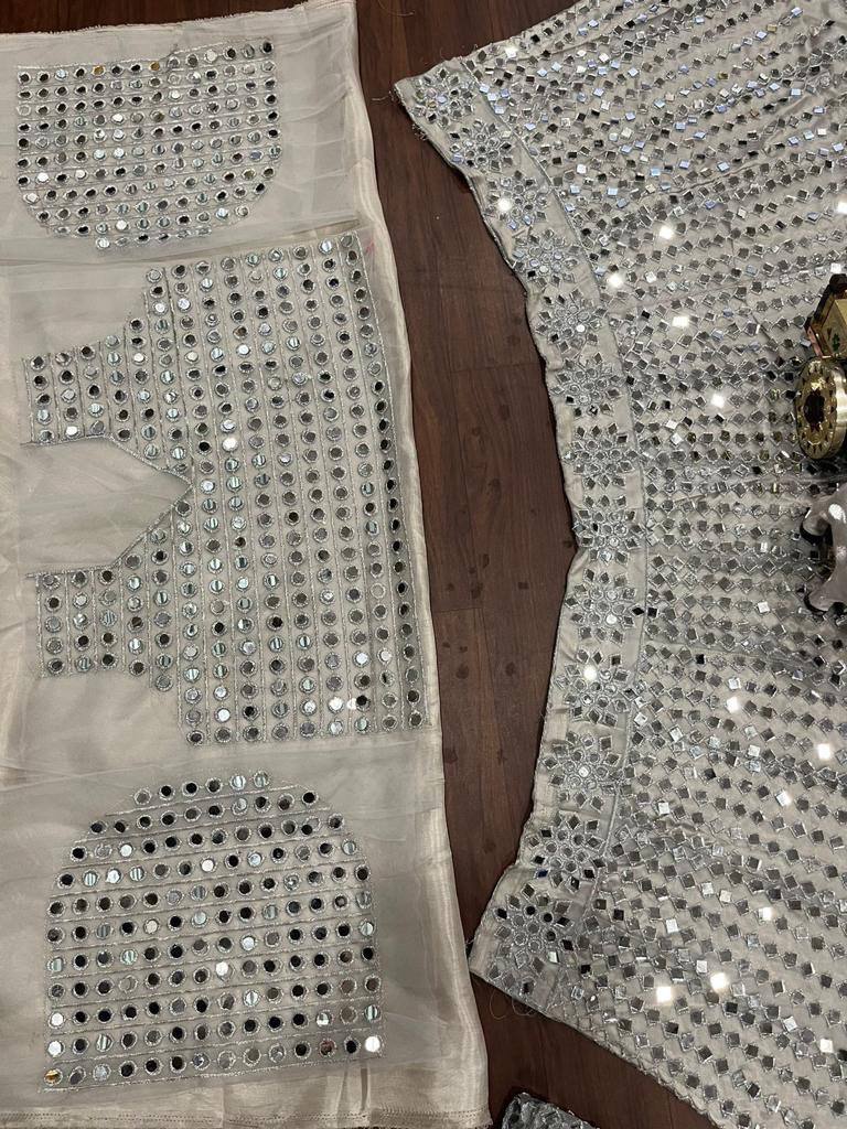 Real Mirror 2 Kali around 3 Meter Soft Mono Embroidered work Lehenga with Cancan