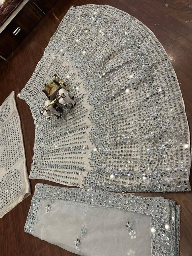 Real Mirror 2 Kali around 3 Meter Soft Mono Embroidered work Lehenga with Cancan