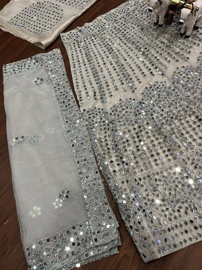 Real Mirror 2 Kali around 3 Meter Soft Mono Embroidered work Lehenga with Cancan
