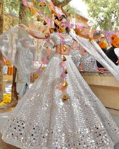 Real Mirror 2 Kali around 3 Meter Soft Mono Embroidered work Lehenga with Cancan