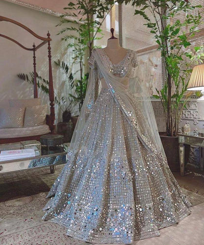 Real Mirror 2 Kali around 3 Meter Soft Mono Embroidered work Lehenga with Cancan