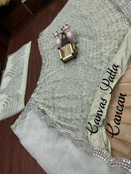 Sea Green Color 12 Kali around 3 Meter Soft Mono Net Foil Mirror Embroidered work Lehenga with Cancan
