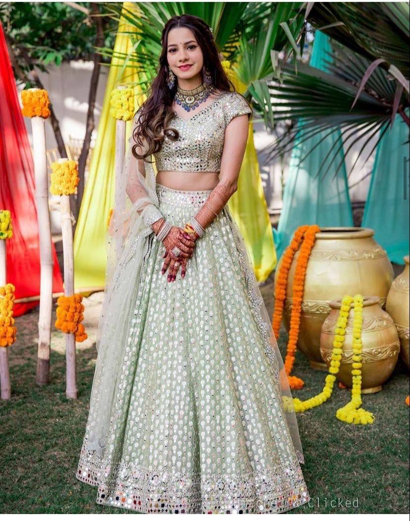 Sea Green Color 12 Kali around 3 Meter Soft Mono Net Foil Mirror Embroidered work Lehenga with Cancan