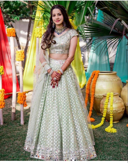 Sea Green Color 12 Kali around 3 Meter Soft Mono Net Foil Mirror Embroidered work Lehenga with Cancan