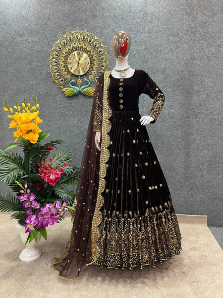 Party Wear Velvet Anarkali Embroidery Gown with dupatta