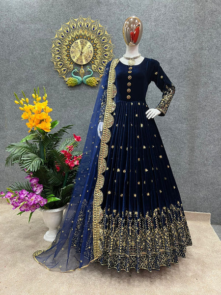Party Wear Velvet Anarkali Embroidery Gown with dupatta