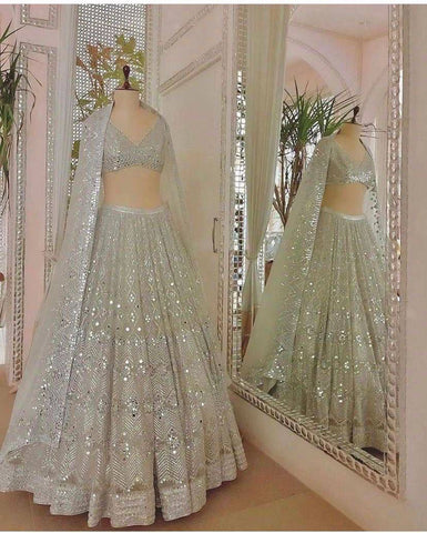 Mono Net Embroidered Real Mirror work 3 meter flare Lehenga with Cancan