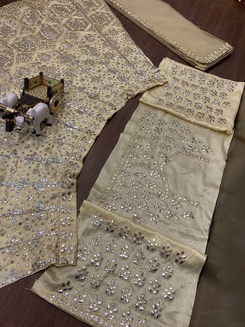 Satin Silk Embroidered Foil Mirror work 3 meter flare Lehenga with Cancan