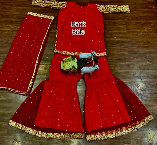 Red color party wear net Sharara plazo suit set