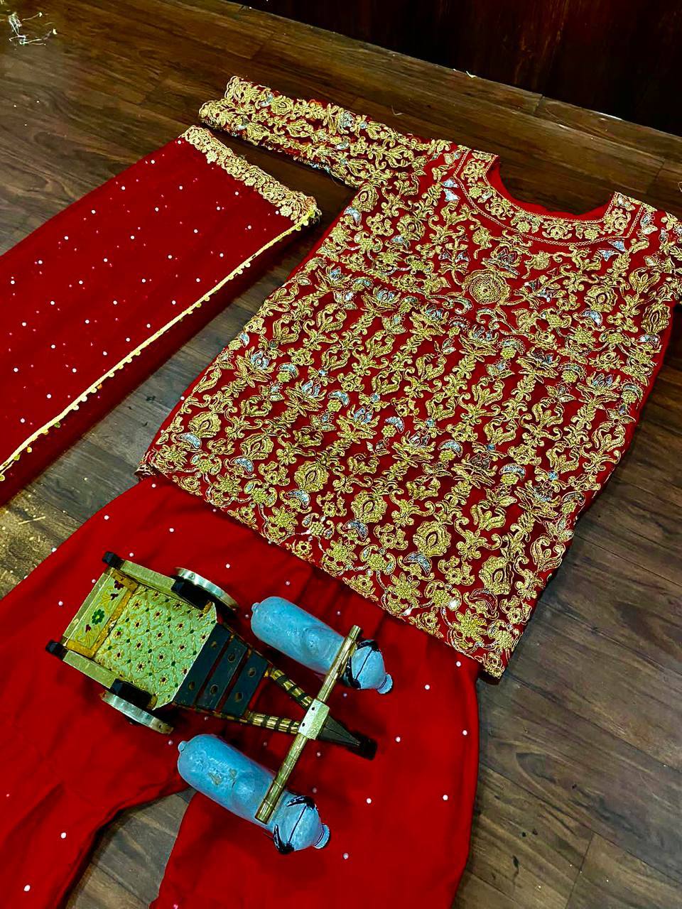 Red color party wear net Sharara plazo suit set