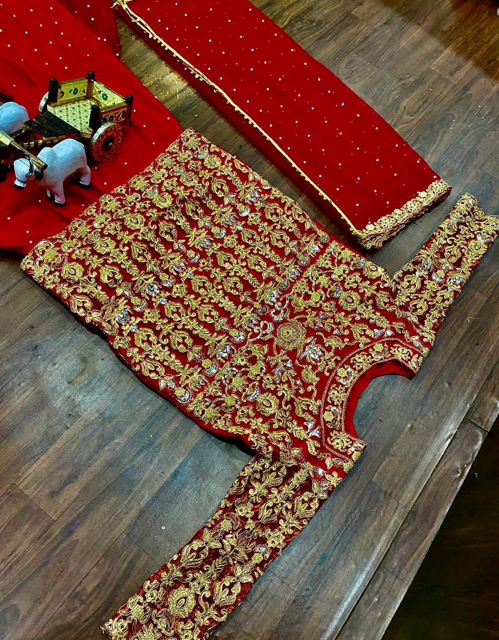 Red color party wear net Sharara plazo suit set