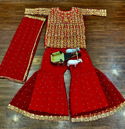 Red color party wear net Sharara plazo suit set
