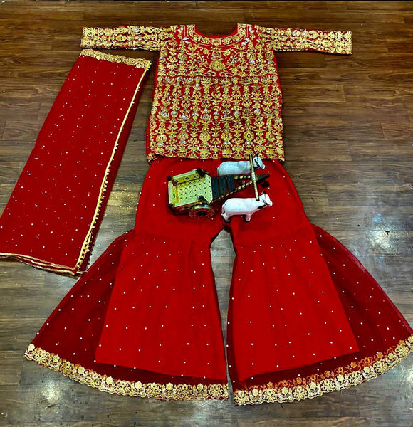 Red color party wear net Sharara plazo suit set