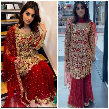 Red color party wear net Sharara plazo suit set