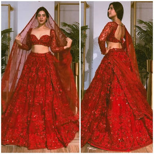 Red color Butterfly net embroidery sequence work with can can lehenga choli