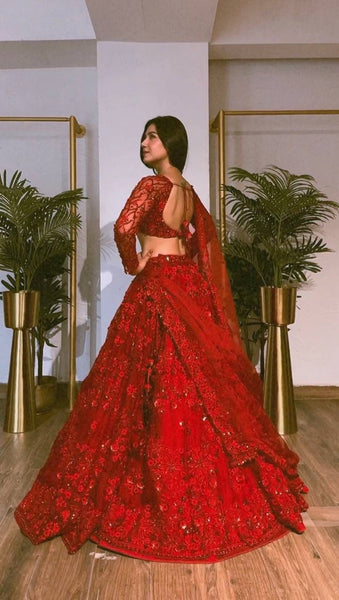 Red color Butterfly net embroidery sequence work with can can lehenga choli