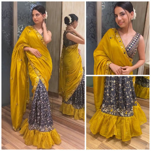 Yellow Saburi Silk Print with sequence embroidery saree with blouse