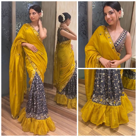 Yellow Saburi Silk Print with sequence embroidery saree with blouse