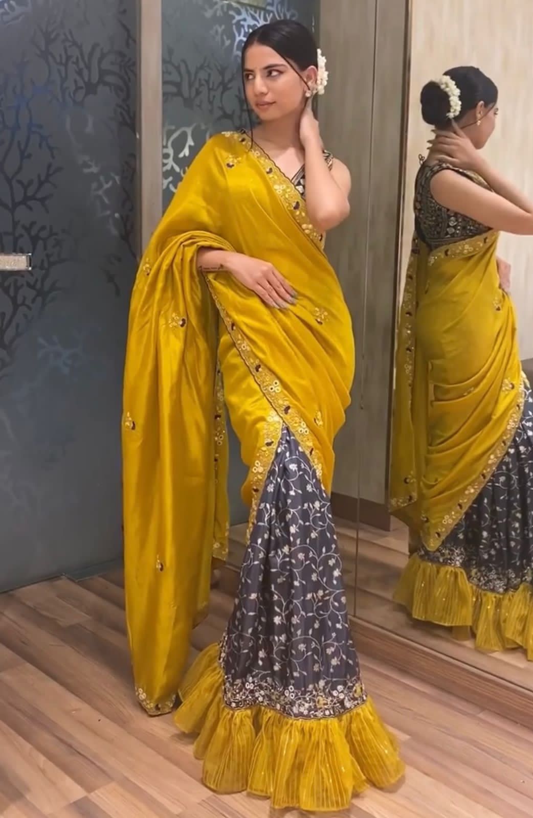 Yellow Saburi Silk Print with sequence embroidery saree with blouse
