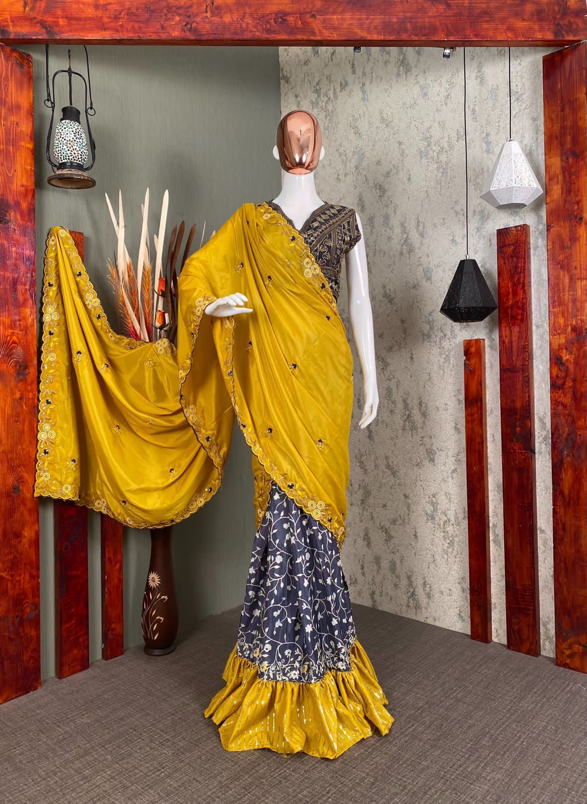 Yellow Saburi Silk Print with sequence embroidery saree with blouse