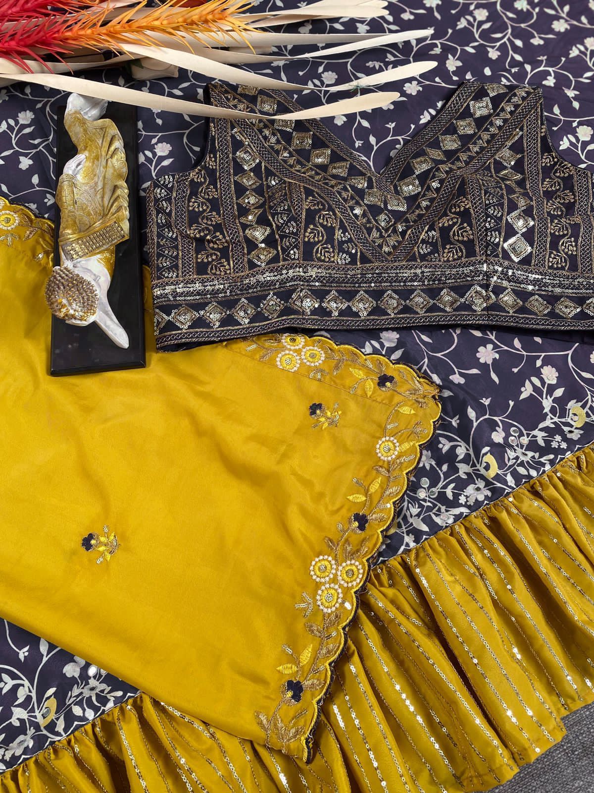 Yellow Saburi Silk Print with sequence embroidery saree with blouse