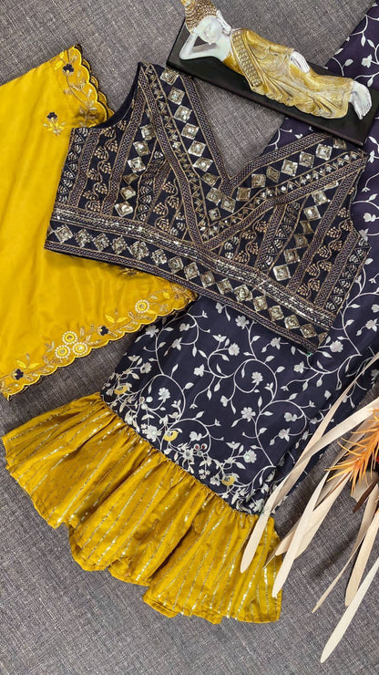 Yellow Saburi Silk Print with sequence embroidery saree with blouse