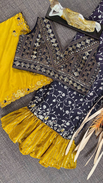 Yellow Saburi Silk Print with sequence embroidery saree with blouse