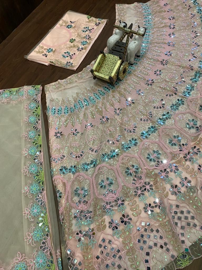 Wedding Wear 4 Meter Flare Real Mirror Embroidery Sequins work Lehenga with Cancan