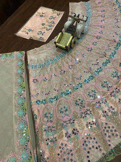 Wedding Wear 4 Meter Flare Real Mirror Embroidery Sequins work Lehenga with Cancan