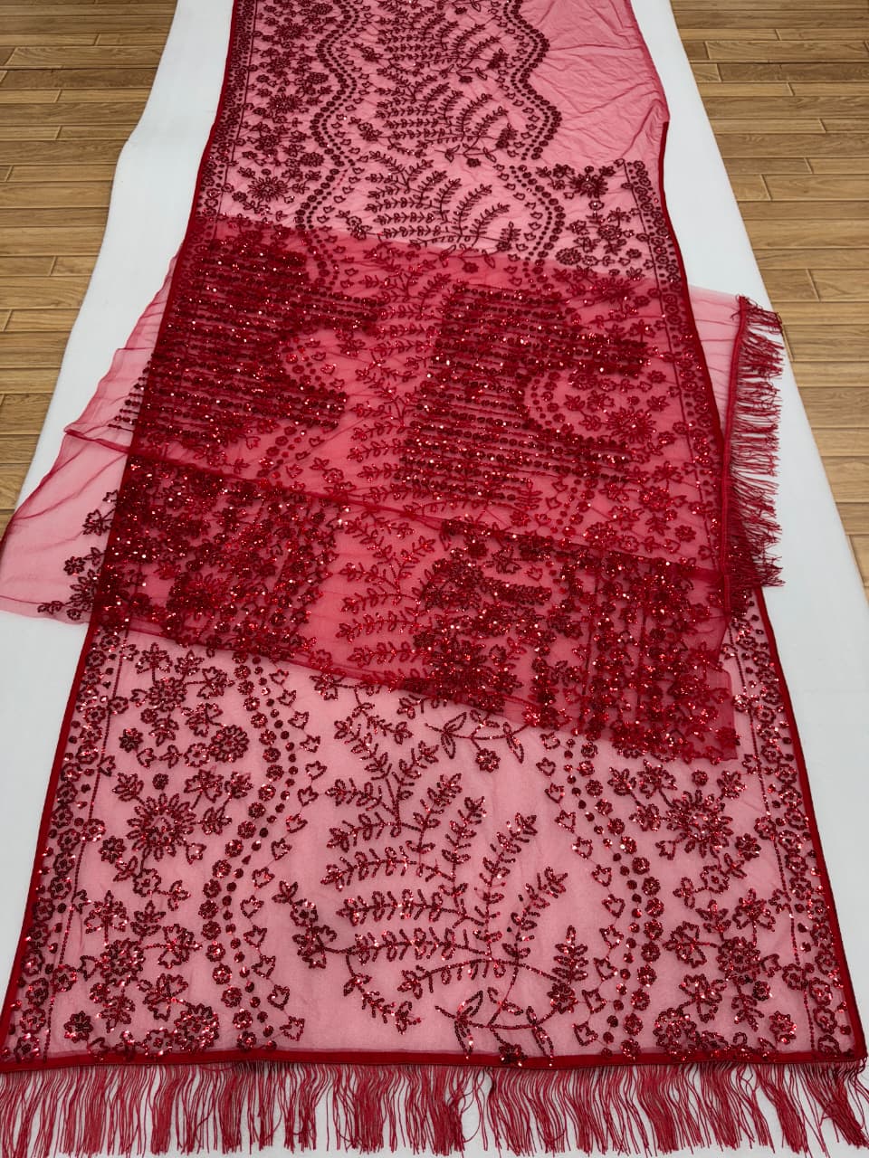 Exquisite Scarlet Sequined Net Saree