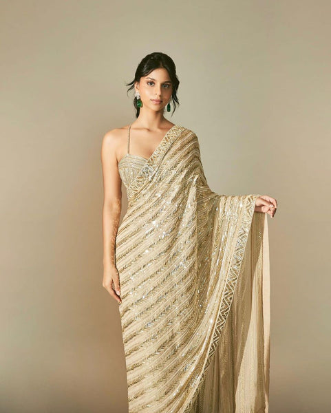 Party Wear Bollywood Style Dual Sequence Work Saree With Work Blouse