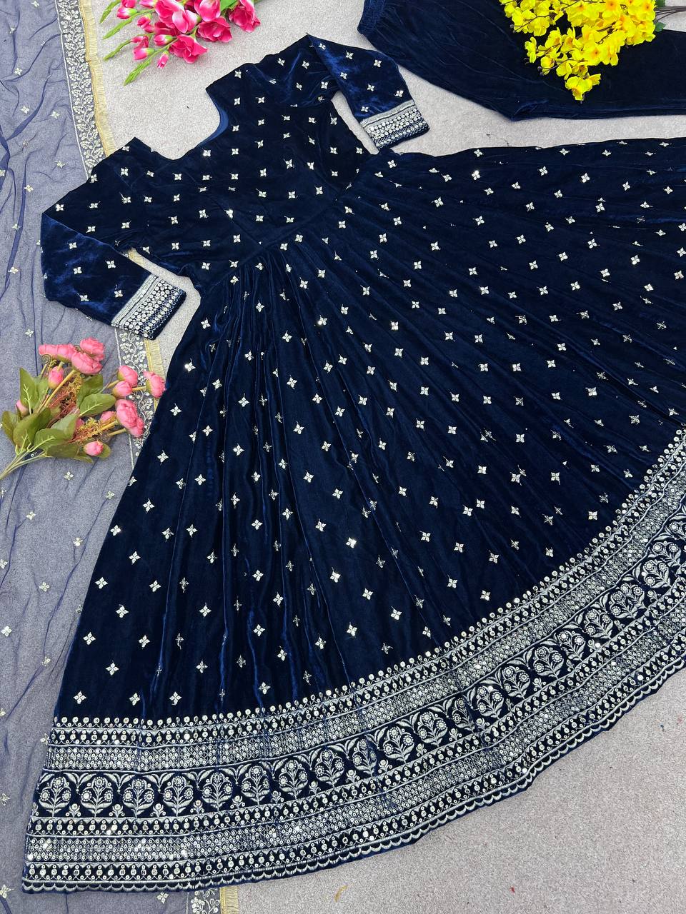 Party Wear Blue Color Viscose Velvet Embroidery Anarkali Gown with bottom and dupatta set