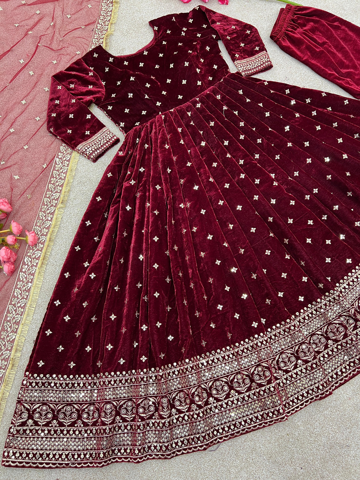 Party Wear Look Viscos Velvet With Heavy Embroidery Sequence Work Gown With Dupatta