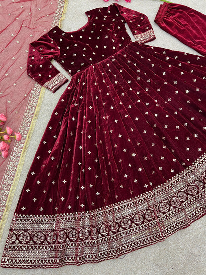 Party Wear Look Viscos Velvet With Heavy Embroidery Sequence Work Gown With Dupatta