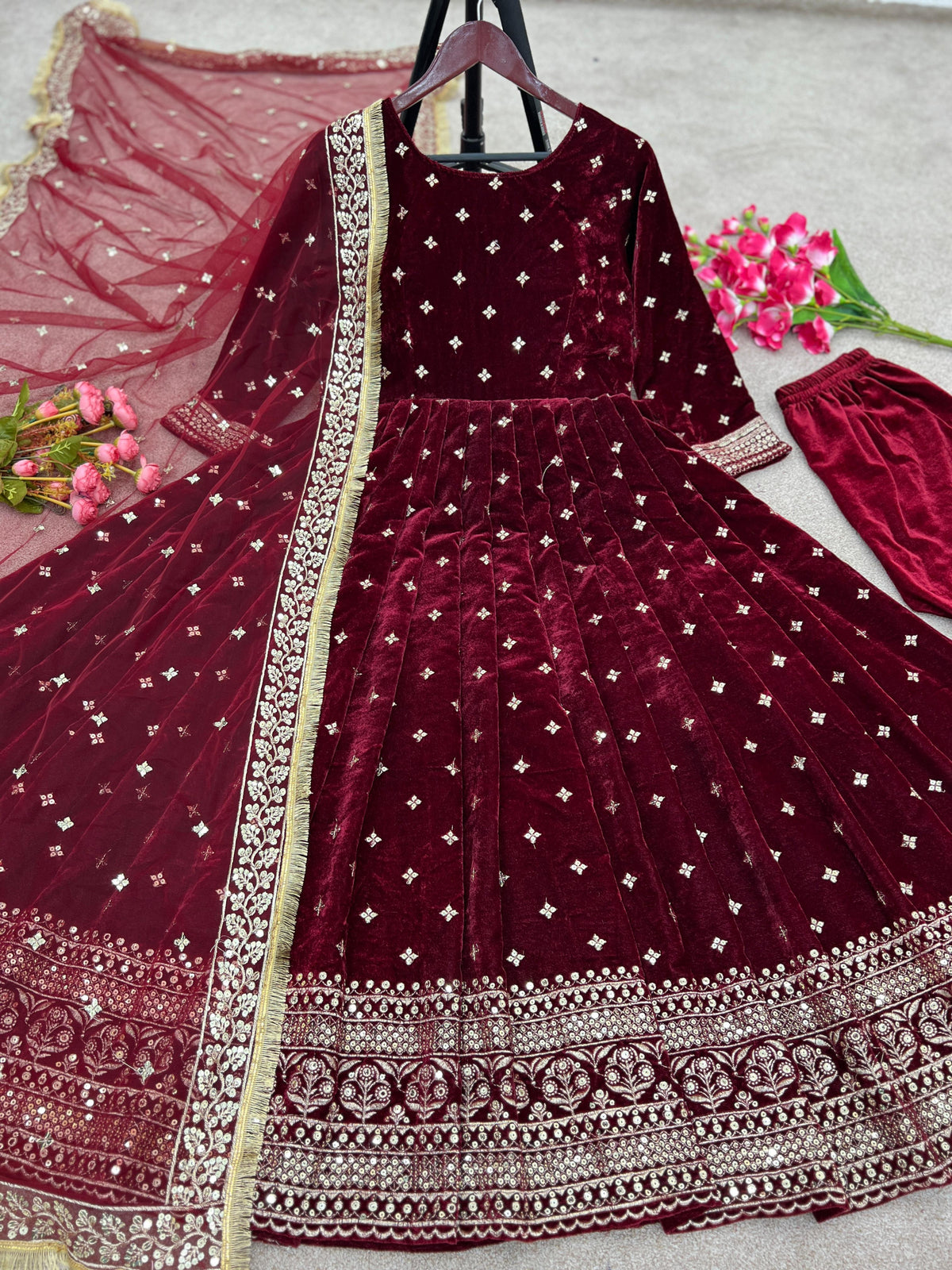 Party Wear Look Viscos Velvet With Heavy Embroidery Sequence Work Gown With Dupatta