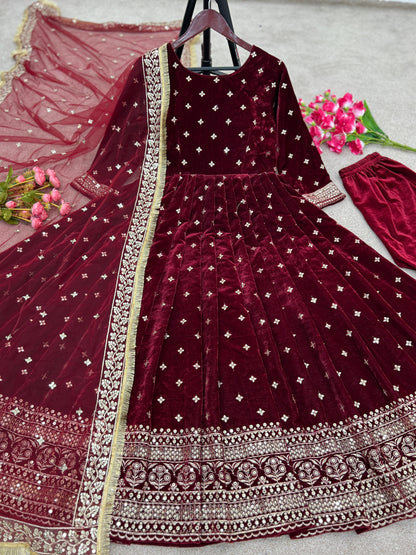 Party Wear Look Viscos Velvet With Heavy Embroidery Sequence Work Gown With Dupatta