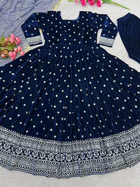 Party Wear Blue Color Viscose Velvet Embroidery Anarkali Gown with bottom and dupatta set
