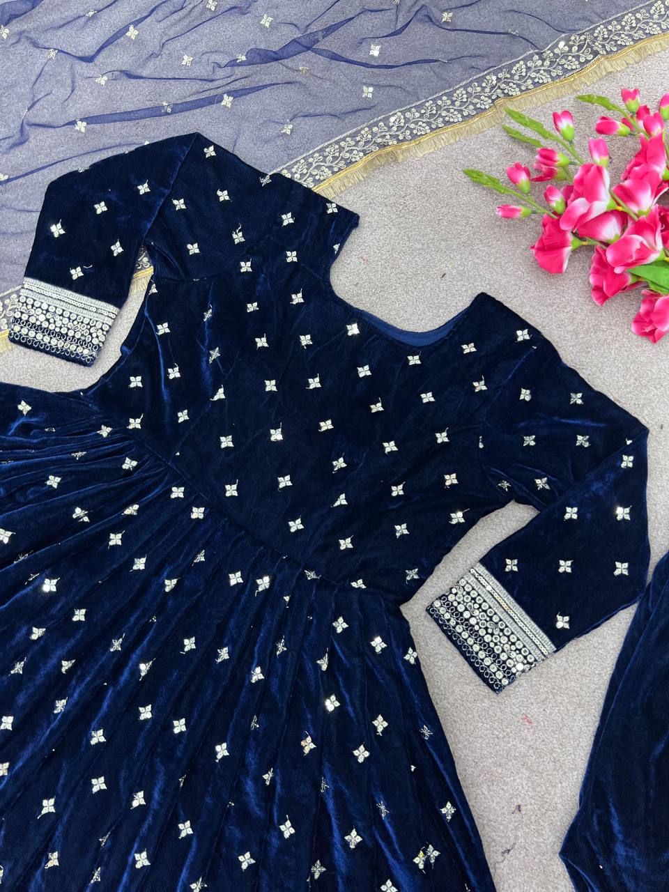 Party Wear Blue Color Viscose Velvet Embroidery Anarkali Gown with bottom and dupatta set