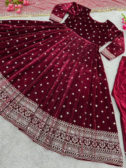 Party Wear Look Viscos Velvet With Heavy Embroidery Sequence Work Gown With Dupatta