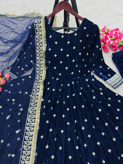 Party Wear Look Viscos Velvet With Heavy Embroidery Sequence Work Gown With Dupatta