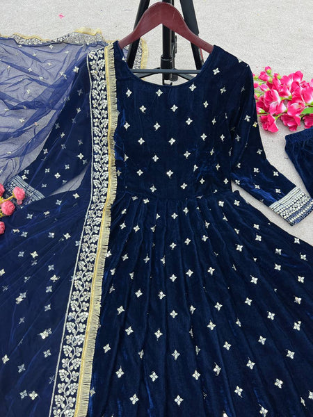 Party Wear Blue Color Viscose Velvet Embroidery Anarkali Gown with bottom and dupatta set