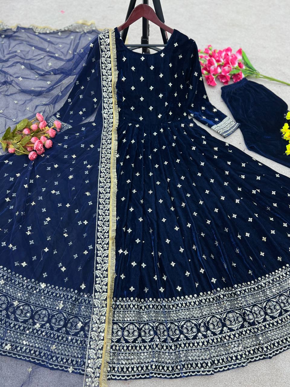 Party Wear Blue Color Viscose Velvet Embroidery Anarkali Gown with bottom and dupatta set
