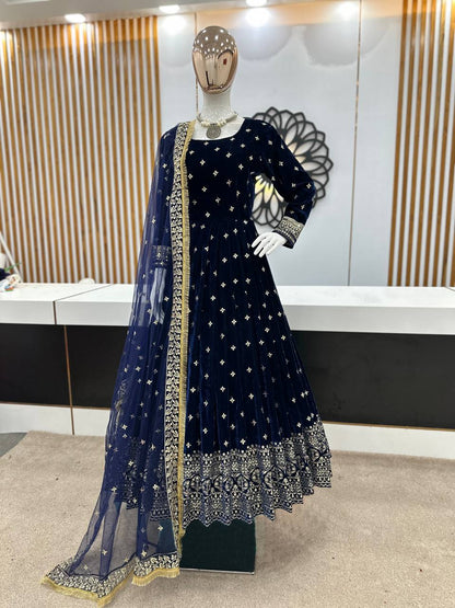 Party Wear Blue Color Viscose Velvet Embroidery Anarkali Gown with bottom and dupatta set