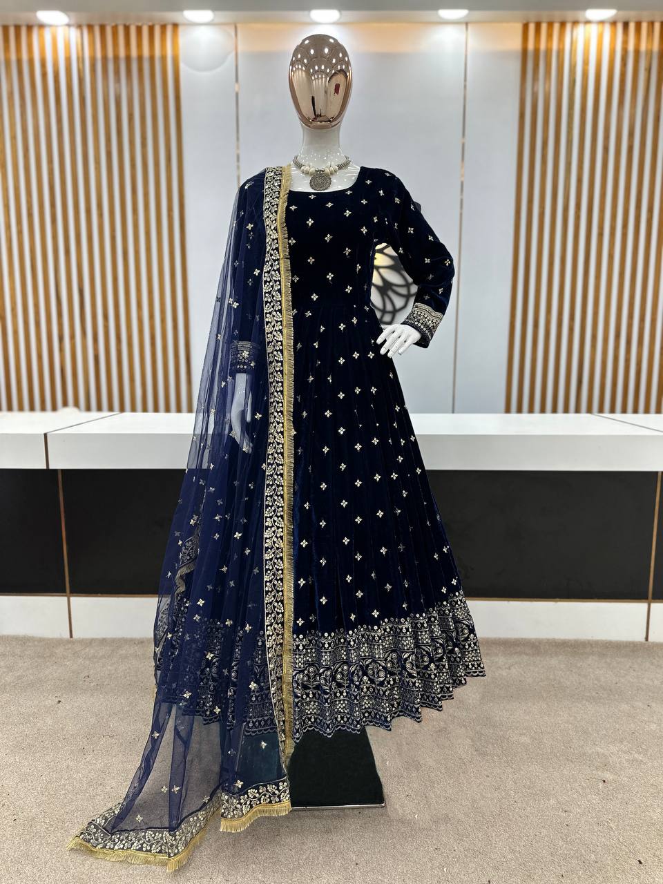 Party Wear Look Viscos Velvet With Heavy Embroidery Sequence Work Gown With Dupatta