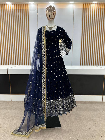 Party Wear Look Viscos Velvet With Heavy Embroidery Sequence Work Gown With Dupatta