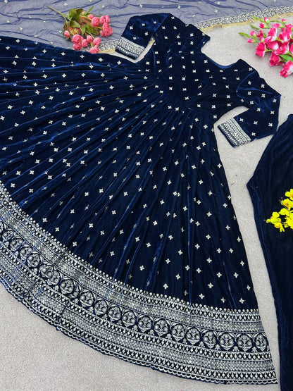 Party Wear Look Viscos Velvet With Heavy Embroidery Sequence Work Gown With Dupatta