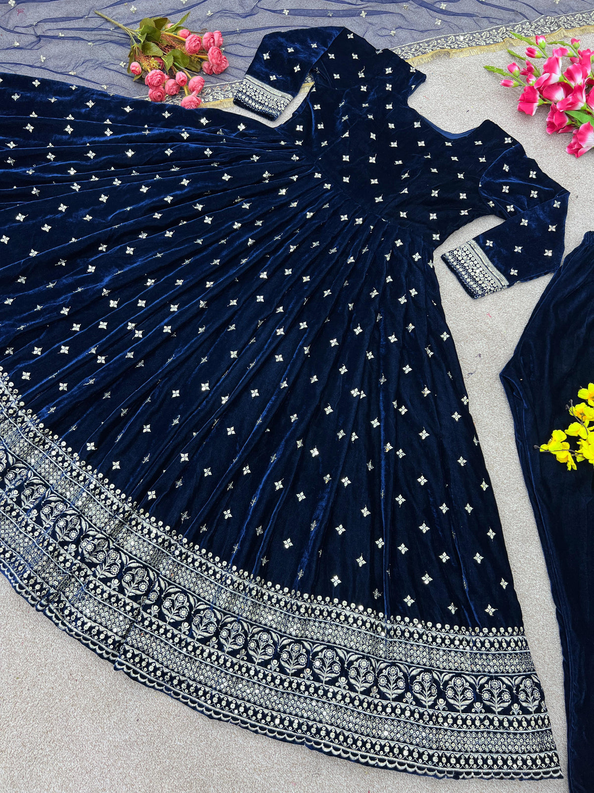 Party Wear Look Viscos Velvet With Heavy Embroidery Sequence Work Gown With Dupatta